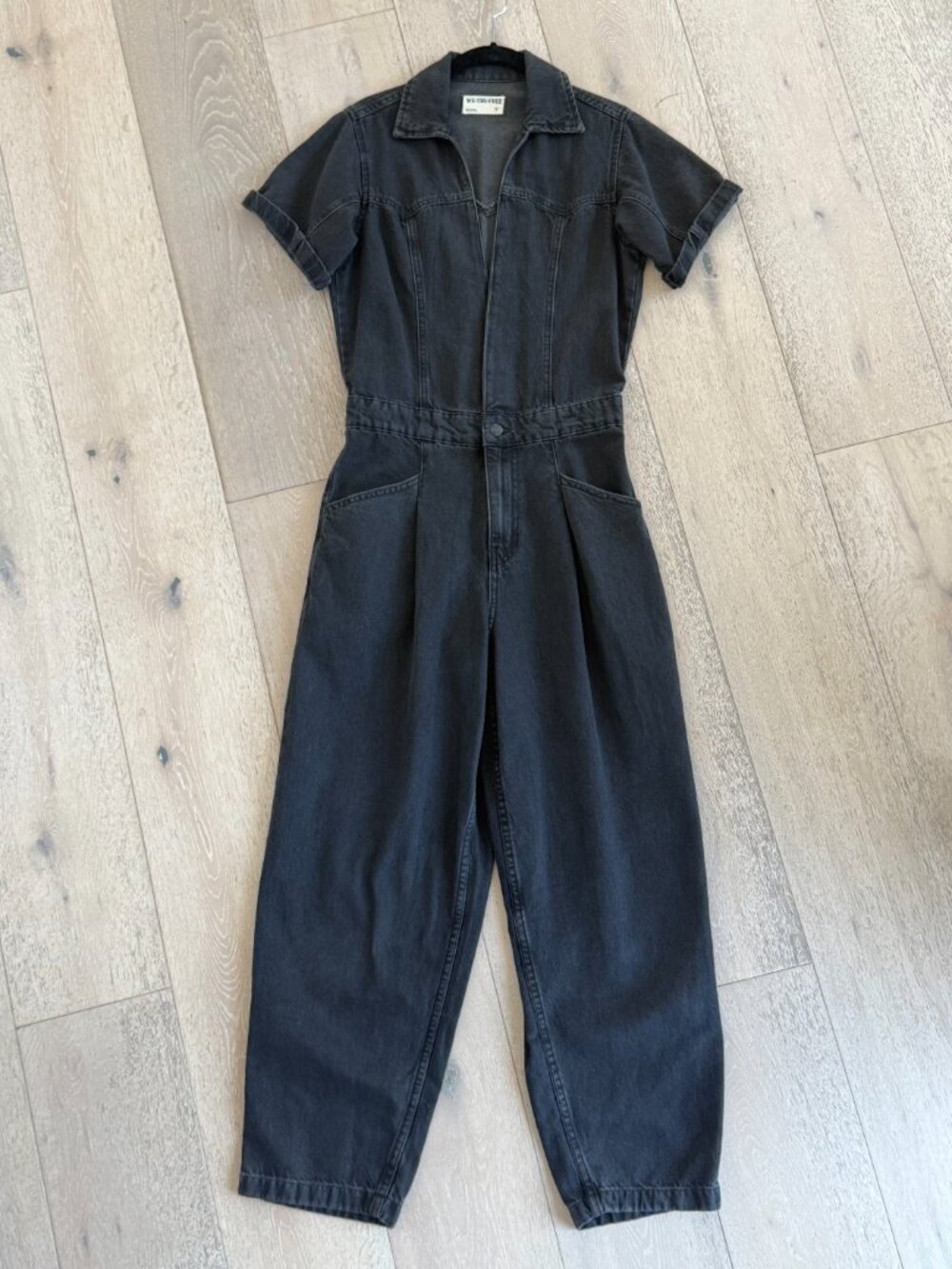 We The Free -  Free People Black Denim Utility Jumpsuit Size Small Barrel Leg